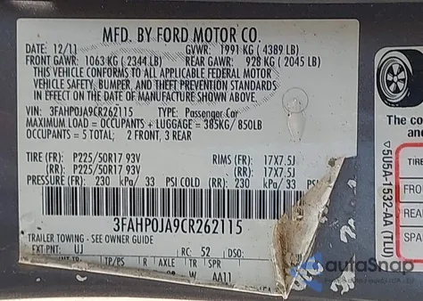 2012 Ford Fusion Sel z USA, uszkodzony, nr VIN 3FAHP0JA9CR262115